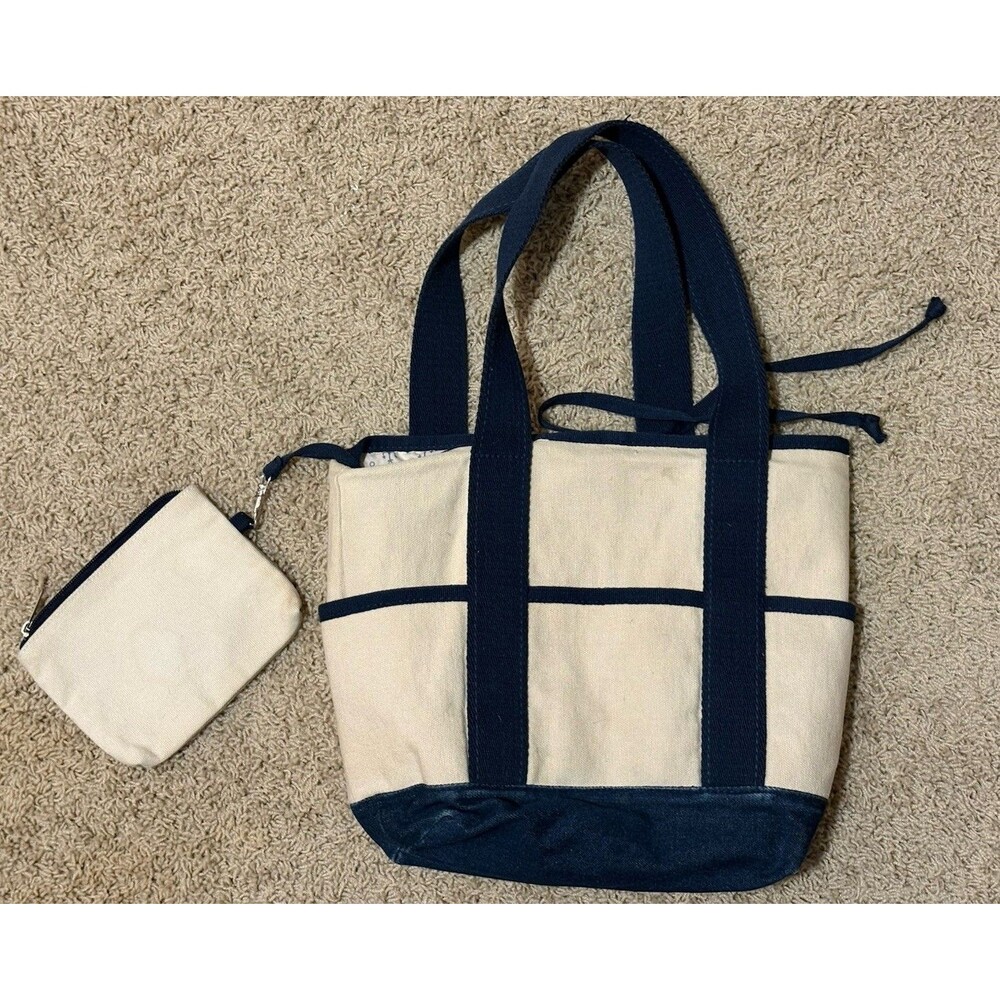Boat Tote Bag Ivory Blue Matching Wristlet Anchor Print Lining 13”x 10" Boater